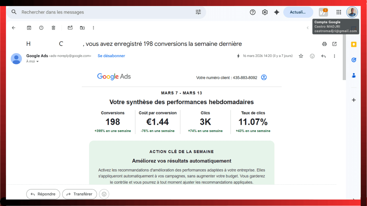 Synthèse hebdomadaire Google Ads : +395 % de conversions, −76 % de dépense pour les conversions