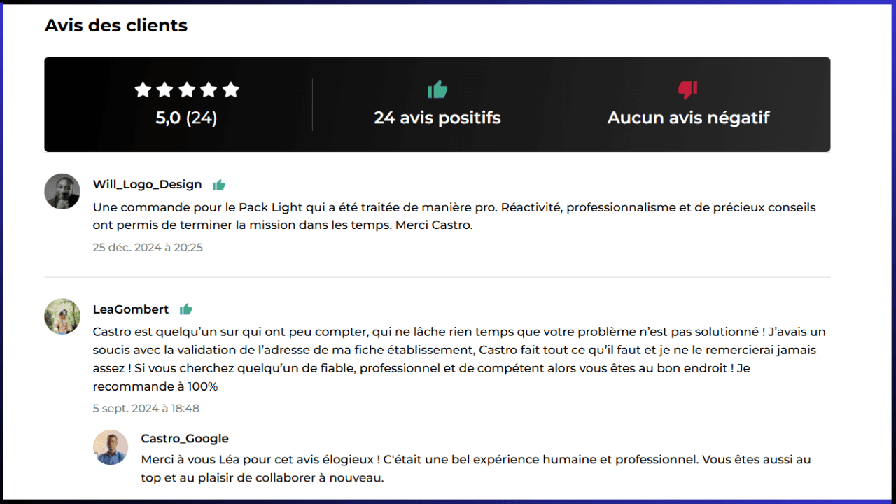Capture d'avis clients : note 5/5 sur 24 avis